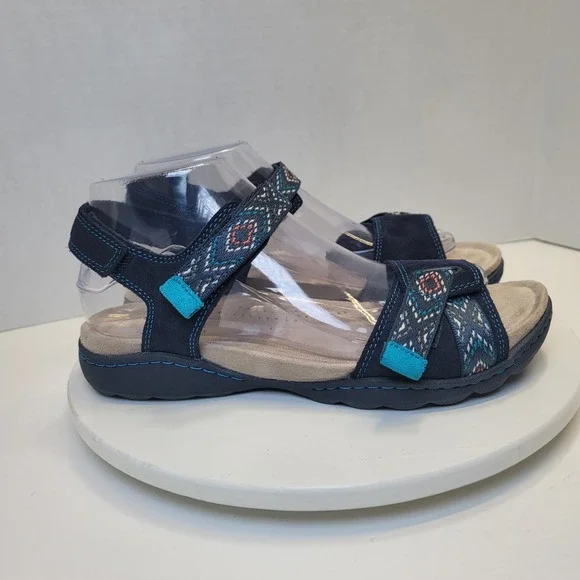 Clarks Flats Sandal Shoes Amanda Sprint Blue Suede Comfort Sporty Strap - Picture 4 of 14